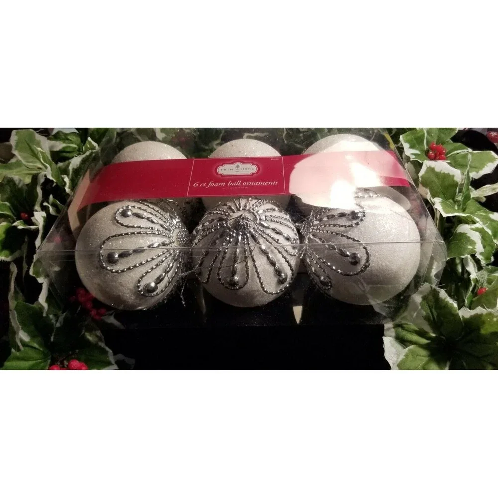 Christmas Holiday Ornaments White & Silver Iridescent  Trim A Home 6 Count New